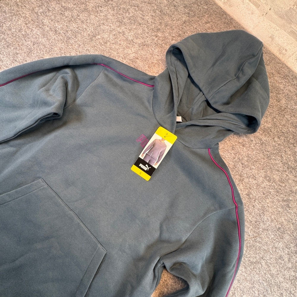 Puma Womens Logo Pullover Hoodie Blue Gray Pink Piping Small NWT